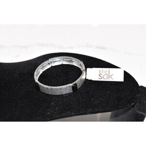 The SAK Women's Silver Hammered And Black Stone Bangle Stretch Bracelet